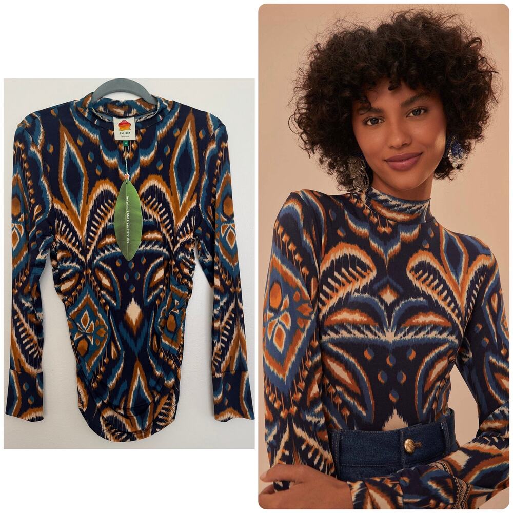 Farm Rio Mock Neck Long Sleeve Top in a Vibrant Blue Pineapple Ikat Print